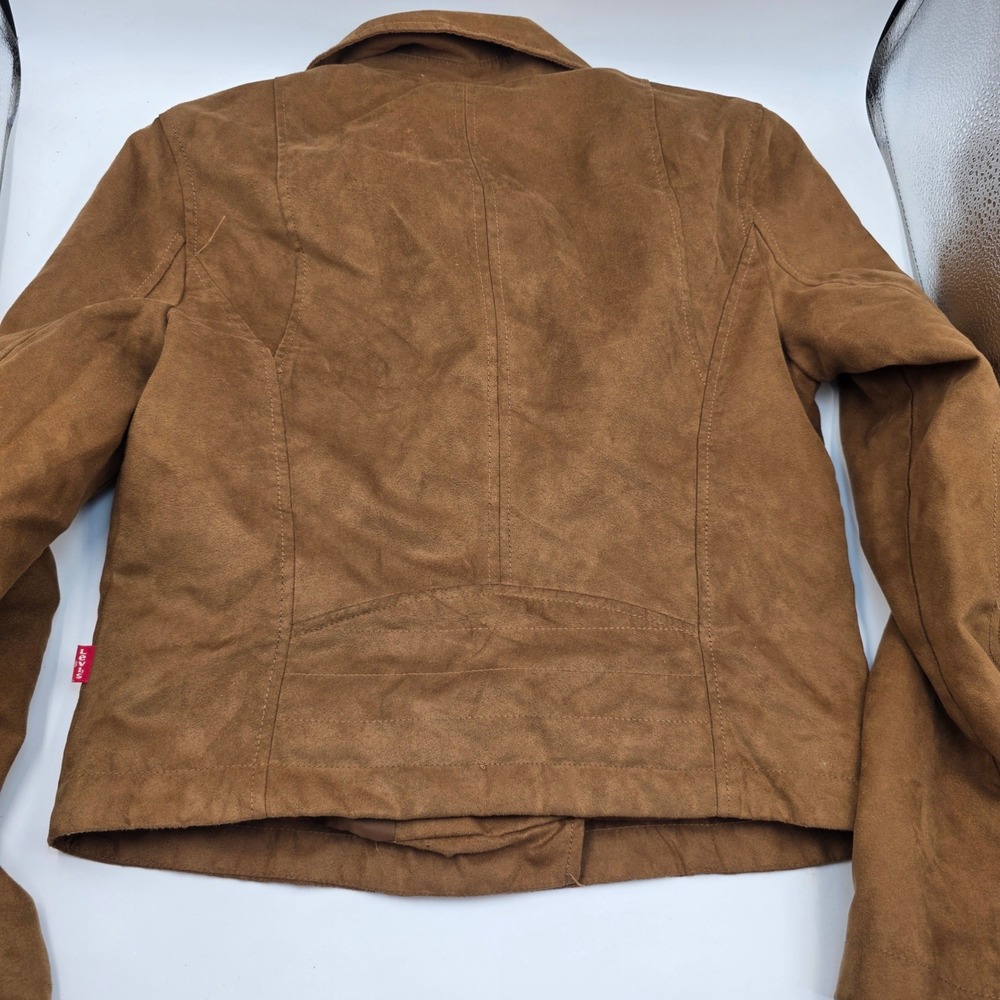 Levis Faux Suede Moto Jacket Womens Small Brown Asymmetrical Zip Biker Cognac O9 - Picture 11 of 16